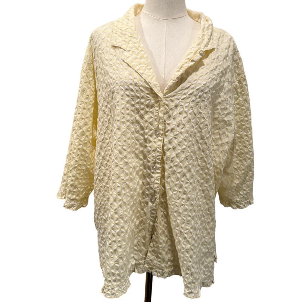 d & co.Textured Button Down Shirt 3X Butter Yellow Crinkle Cotton Blend Pastel